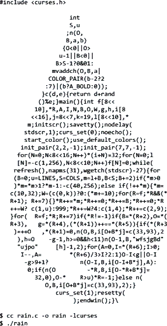 Obfuscated C source, shaped like its own output